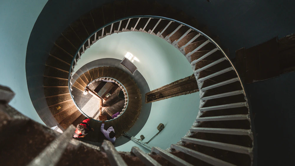 Looking down a spiral staircase